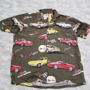 Paradise Found Car Shirt Mens Large Green Short Sleeve Button-Up